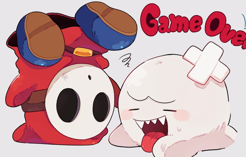 1boy bandaid bandaid_on_head belt blue_boots blush_stickers boo_(mario) boots brown_belt closed_eyes english_text grey_background male_focus mario_(series) mofupoyo nintendo open_mouth red_robe robe sharp_teeth shy_guy simple_background teeth tongue tongue_out upper_teeth_only upside-down white_mask