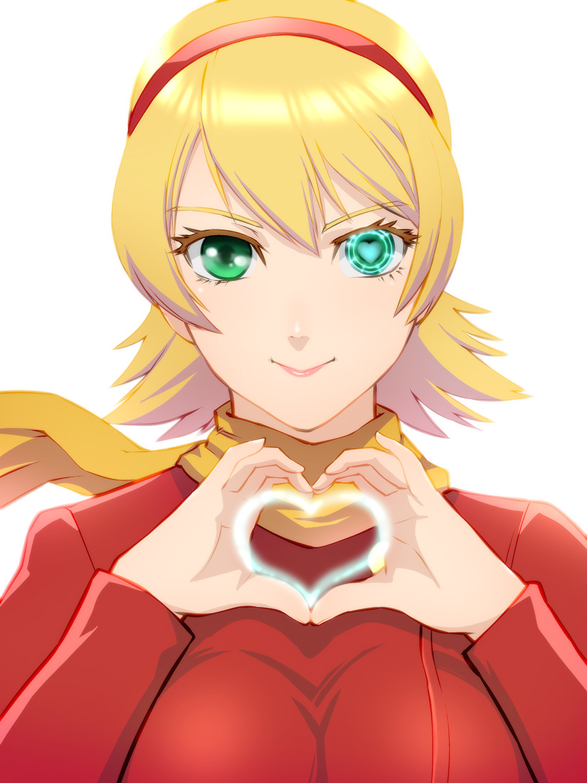 009_re:cyborg 10s 1girl blonde_hair breasts cyborg_009 female_focus francoise_arnoul green_eyes hairband heart heart-shaped_pupils heart_hands scarf short_hair smile solo symbol-shaped_pupils ueyama_michirou upper_body