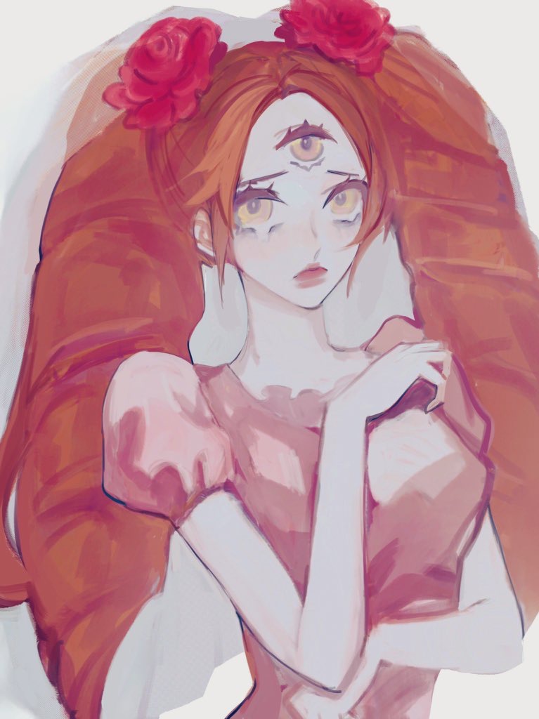 1girl 8h_kt breasts bridal_veil brown_eyes brown_hair charlotte_pudding crying crying_with_eyes_open dress extra_ears female_focus lips looking_at_viewer one_piece solo tears third_eye veil wedding_dress