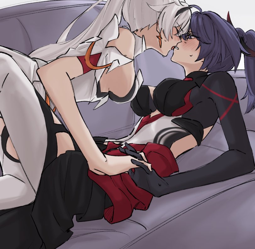 2girls between_legs black_bodysuit blush bodysuit breasts couch earrings holding_hands honkai_(series) honkai_impact_3rd interlocked_fingers jewelry kiana_kaslana kiana_kaslana_(herrscher_of_flamescion) kiss large_breasts long_hair medium_breasts multiple_girls on_couch parted_lips ponytail purple_hair raiden_mei raiden_mei_(danzai_spectramancer) raiden_mei_(orochi_cuirass) sideboob sweat syonosuke9573 tongue tongue_out white_hair yuri