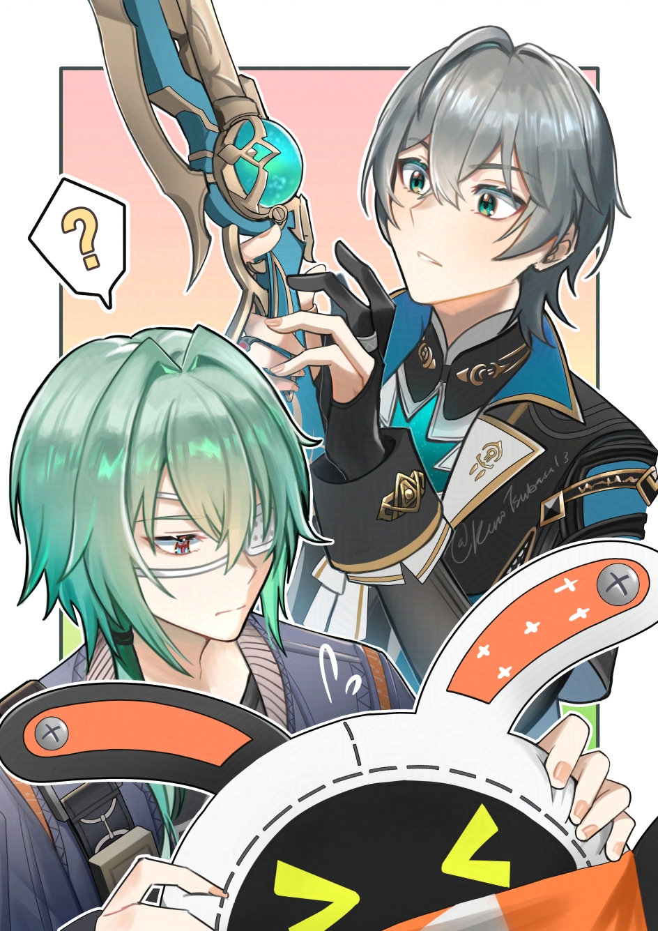 &gt;_&lt; 1other 2boys ? anaxa_(honkai:_star_rail) bandana bandana_around_neck bangboo_(zenless_zone_zero) black_gloves black_shirt blue_jacket border closed_mouth commentary cosplay costume_switch crossed_bangs crossover english_commentary eous_(zenless_zone_zero) gloves green_eyes green_hair grey_hair hair_between_eyes highres honkai:_star_rail honkai_(series) jacket kuro_tsubasa male_focus mihoyo multiple_boys orange_bandana personality_switch red_eyes shirt simple_background speech_bubble voice_actor_connection white_border wise_(zenless_zone_zero) zenless_zone_zero