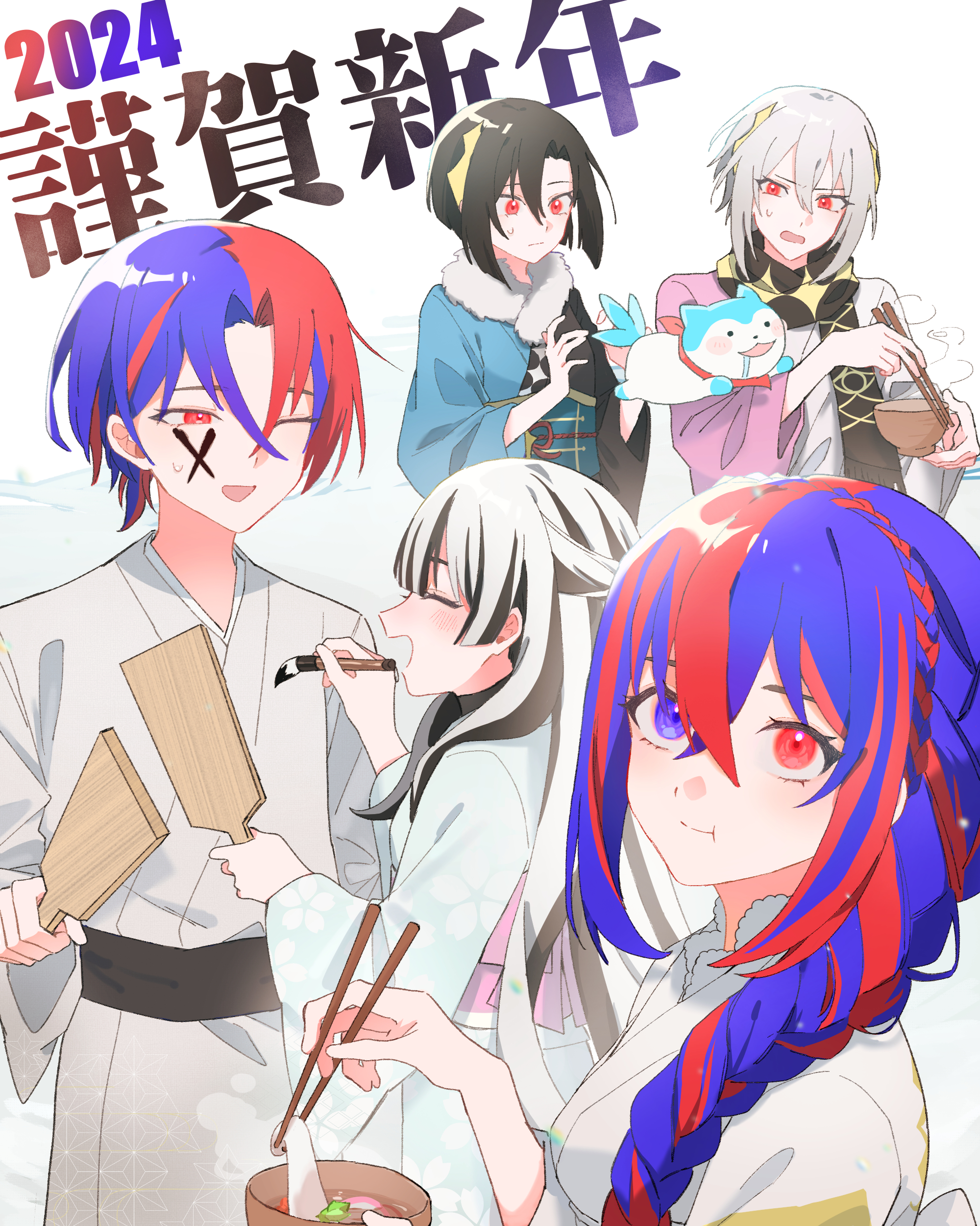 1other 2boys 3girls absurdres female_alear_(fire_emblem) male_alear_(fire_emblem) alfred_(fire_emblem) alternate_costume bandana bandana_around_neck black_hair blue_eyes blue_hair crossed_bangs fire_emblem fire_emblem_engage hair_between_eyes heterochromia highres japanese_clothes looking_at_viewer multicolored_hair multiple_boys multiple_girls nel_(fire_emblem) nintendo rafal_(fire_emblem) red_bandana red_eyes red_hair rororotsu smile sommie_(fire_emblem) split-color_hair translation_request two-tone_hair veyle_(fire_emblem)