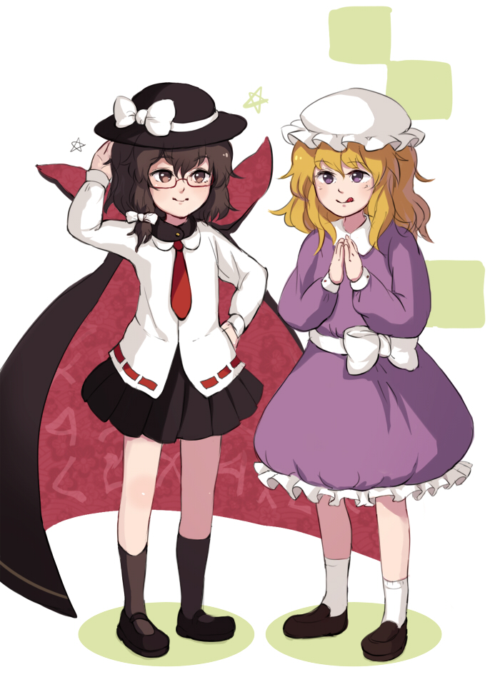 1girl 2girls aoi aoi_(qinnyq) blonde_hair brown_hair cape clothes_writing cosplay glasses hat maribel_hearn multiple_girls necktie short_hair smile touhou urban_legend_in_limbo usami_renko usami_sumireko usami_sumireko_(cosplay)