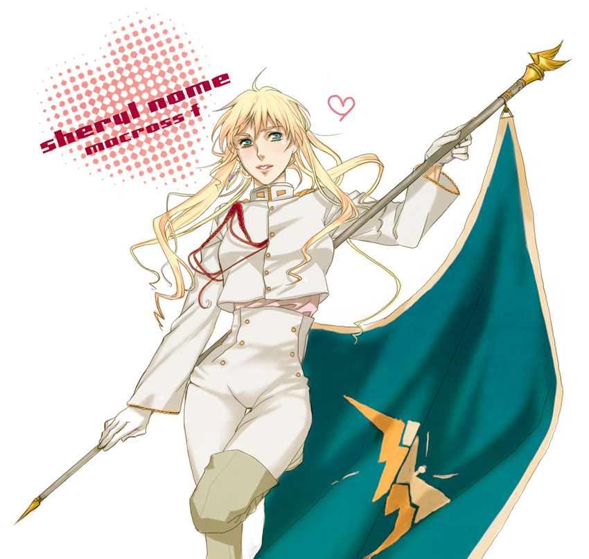 10s blonde_hair blue_eyes flag gloves heart jun_(ash) long_hair macross macross_frontier macross_frontier:_sayonara_no_tsubasa military military_uniform sheryl_nome solo