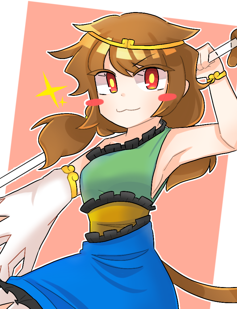 1girl :3 armpits bangle blush_stickers bracelet breasts brown_hair chinese_commentary circlet closed_mouth colored_eyelashes commentary_request cowboy_shot detached_sleeves dress frilled_dress frills jewelry low_twintails medium_hair monkey_girl monkey_tail multicolored_dress priswocaer red_eyes ruyi_jingu_bang single-shoulder_dress single_detached_sleeve small_breasts solo son_biten tail touhou twintails white_sleeves yellow_pupils