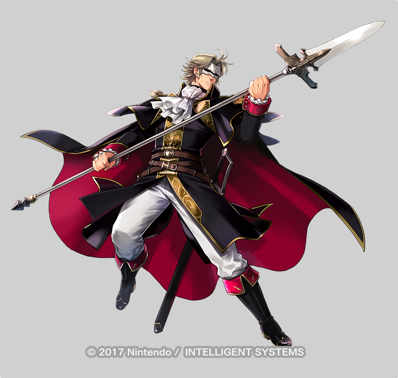 1boy belt blonde_hair boots camus_(fire_emblem) cape epaulettes fire_emblem fire_emblem:_mystery_of_the_emblem fire_emblem:_new_mystery_of_the_emblem fire_emblem_heroes full_body grey_background male_focus mask nintendo official_art partisan_(weapon) polearm solo spear sword weapon