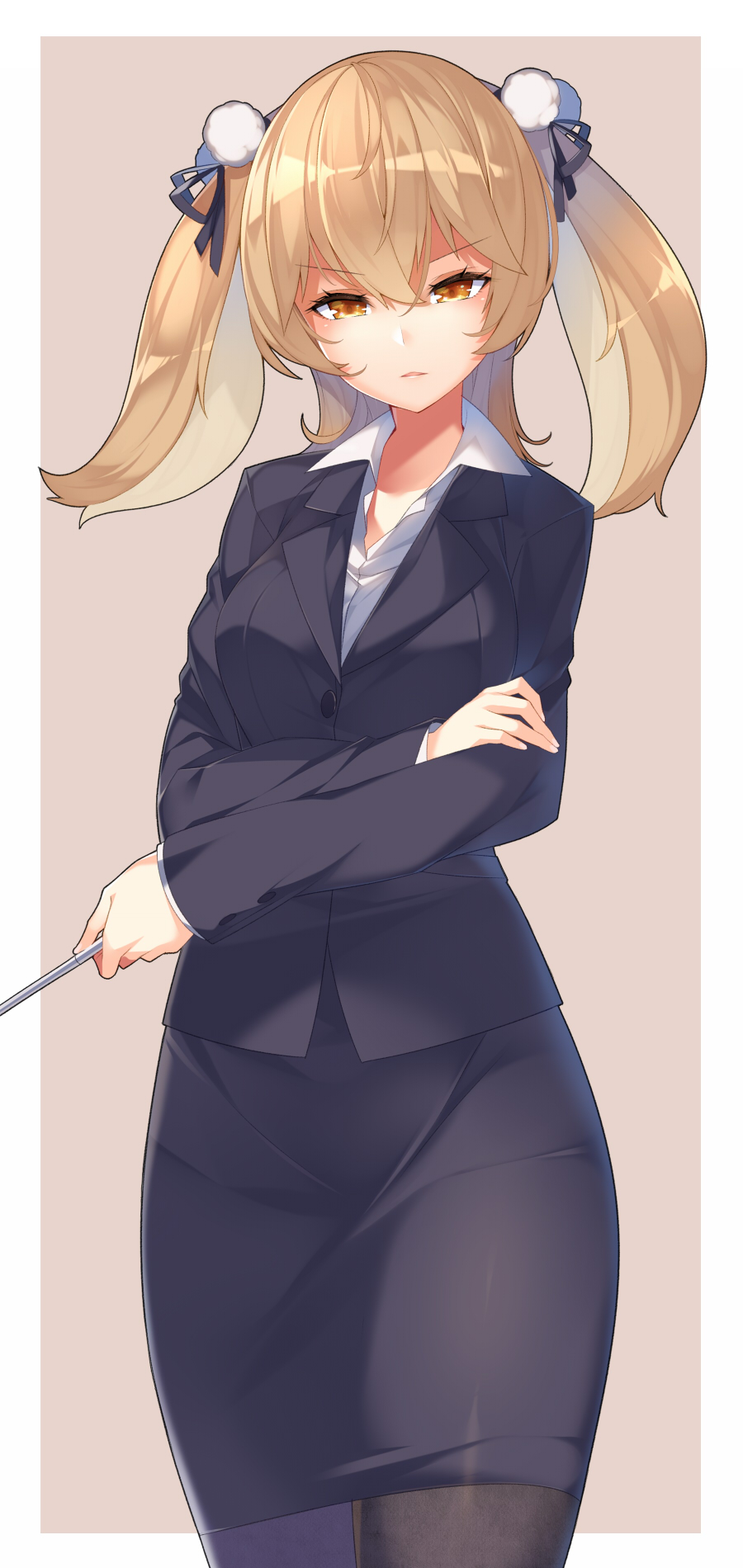 1girl animare black_jacket black_pantyhose black_ribbon black_skirt breasts brown_background brown_eyes collared_shirt crossed_arms dress_shirt female_focus formal_clothes hair_between_eyes hair_ribbon highres holding inaba_haneru_(animare) jacket kokka_han light_brown_hair long_hair long_sleeves looking_at_viewer medium_breasts nanashi_inc. pantyhose parted_lips pencil_skirt ribbon shirt skirt skirt_suit solo suit twintails two-tone_background v-shaped_eyebrows virtual_youtuber white_background white_shirt