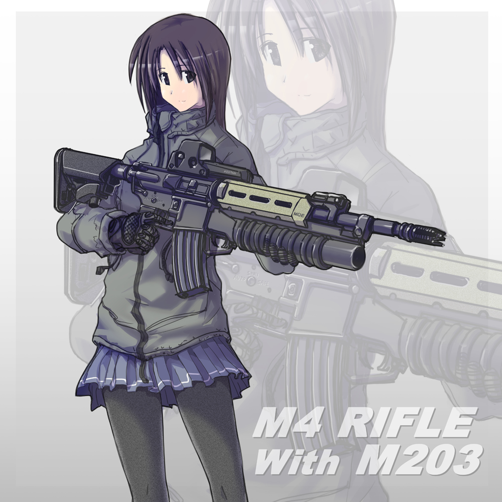 1girl aai_corporation airtronic_usa assault_rifle blue_eyes blue_hair coat colt&#039;s_manufacturing_company colt_defense diemaco eotech female_focus gloves grenade_launcher gun knight&#039;s_armament_company lewis_machine_and_tool_company looking_at_viewer m203 m4_carbine matching_hair/eyes miniskirt original pantyhose rifle rm_equipment scope short_hair skirt solo standing tom_keith trigger_discipline u.s._ordnance underbarrel_grenade_launcher weapon zoom_layer
