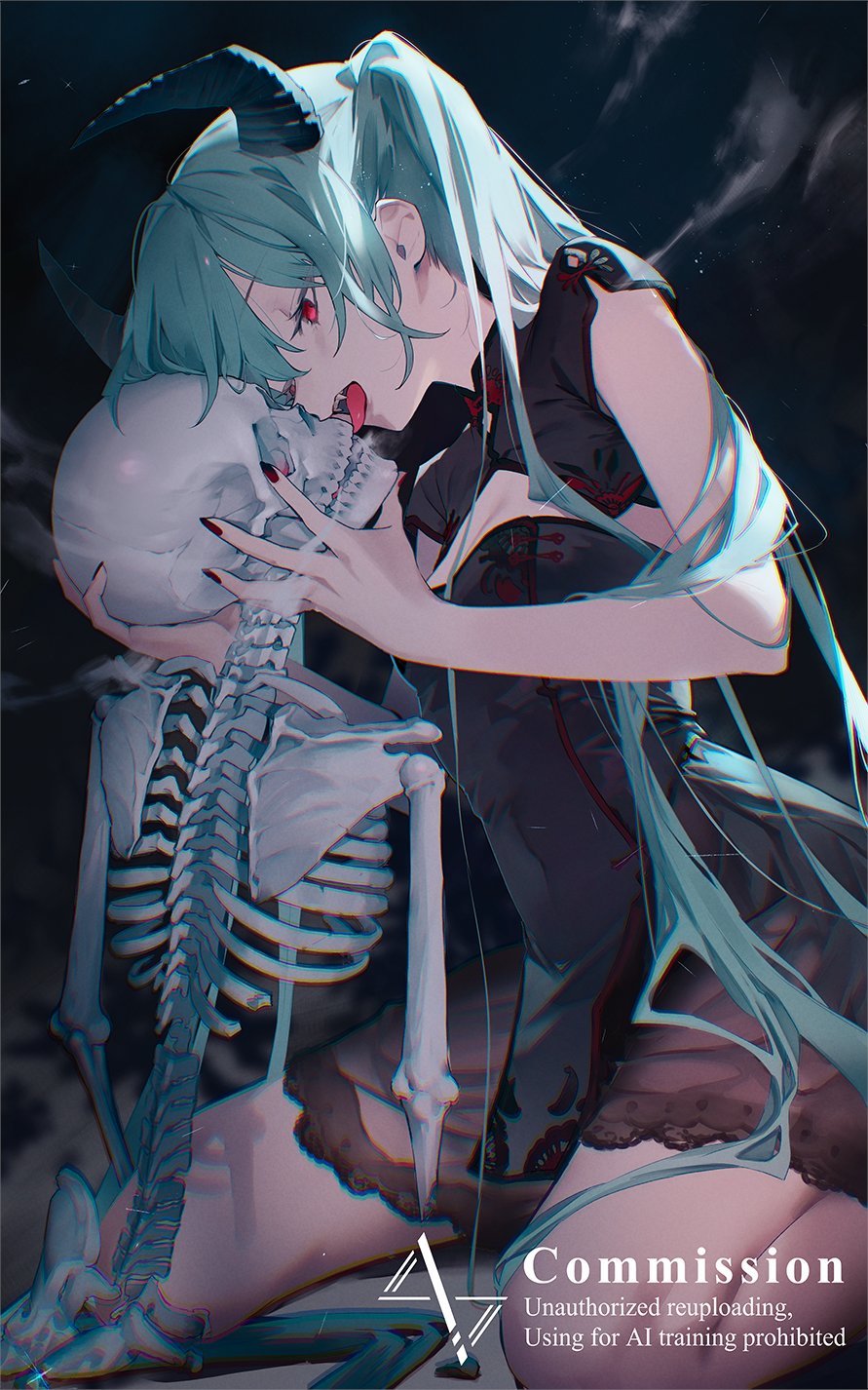 black_collar black_dress breasts china_dress chinese_clothes cleavage_cutout clothing_cutout cloud cloudy_sky collar commentary commission dress fangs from_side green_hair hands_up highres holding_skeleton horns licking_another long_hair looking_at_another marimo_ke morello_(morellostorment) nail_polish night night_sky original outdoors pelvic_curtain red_eyes red_nails short_sleeves sitting skeb_commission skeleton sky small_breasts star_(sky) starry_sky tongue tongue_out two_side_up very_long_hair wariza watermark