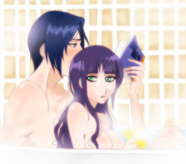 1boy 1girl 2012 artist_request bath bleach breasts cleavage green_eyes ishida_uryuu kurotsuchi_nemu large_breasts long_hair nude purple_hair quincy_(bleach)
