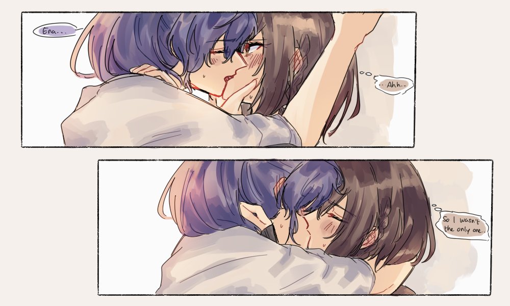 2girls asahina_mafuyu blush brown_eyes brown_hair closed_eyes commentary ear_blush english_commentary english_text hand_in_another&#039;s_hair kiss long_hair multiple_girls niigouki project_sekai purple_hair shinonome_ena shirt short_hair speech_bubble thought_bubble white_shirt yuri