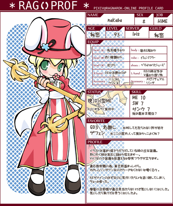 1girl animal_ears back_bow black_shoes blonde_hair blue_background bow character_name character_profile closed_mouth commentary_request copyright_name cross cross_necklace dress dual_wielding fake_animal_ears flower flower_in_mouth full_body green_eyes hat high_priest_(ragnarok_online) holding holding_staff jewelry juliet_sleeves long_sleeves looking_at_viewer necklace pelvic_curtain pink_dress pink_flower pink_hat polka_dot polka_dot_background puffy_sleeves rabbit_ears ragnarok_online ragprof sash shoes smile solo staff thighhighs translation_request two-tone_dress white_background white_bow white_dress white_sash white_thighhighs yazawa_kazuki