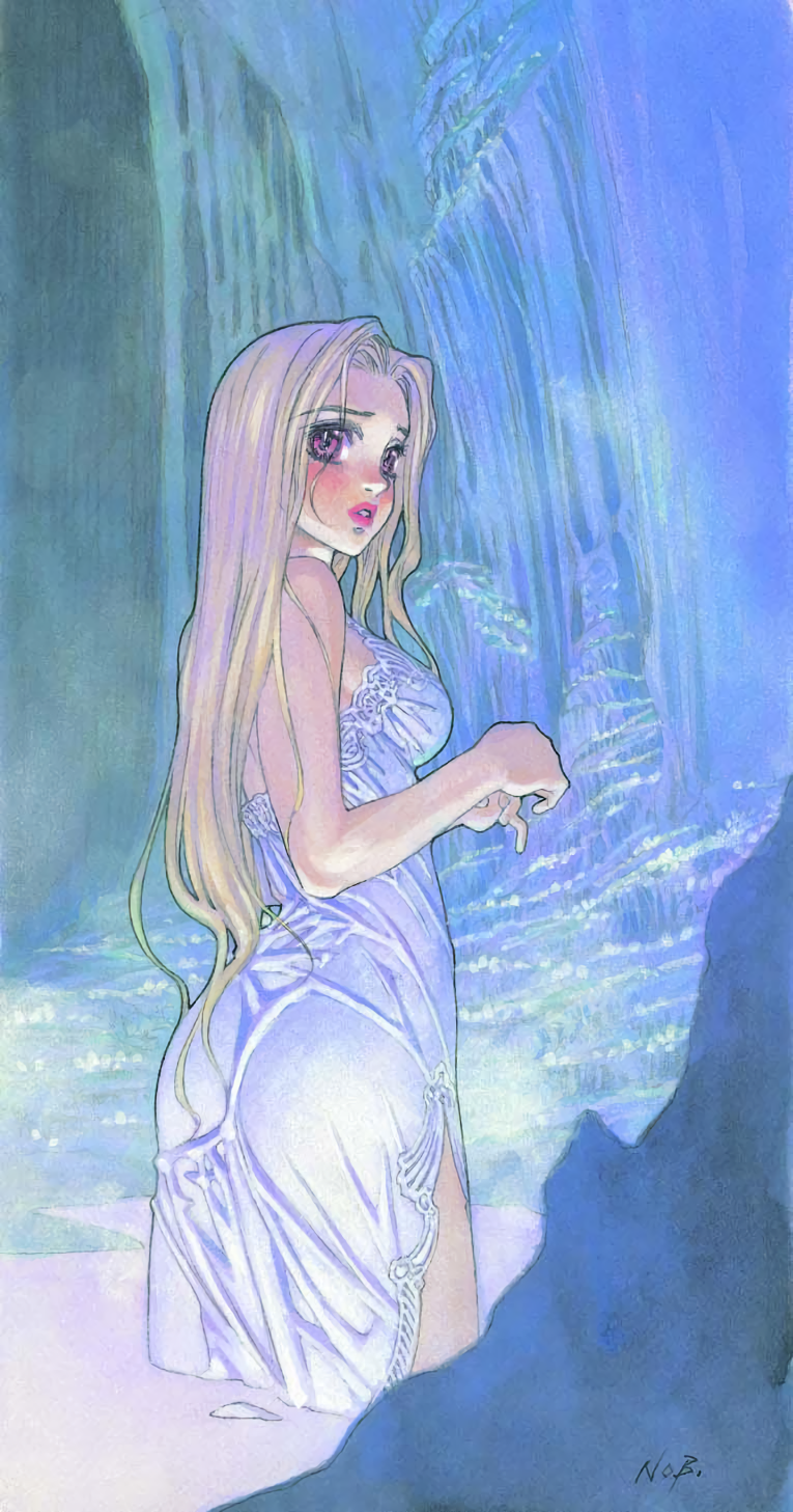 1girl ass blonde_hair dress female_focus highres lips lipstick long_hair makeup original pink_eyes solo wading wet wet_clothes white_dress yuuki_nobuteru