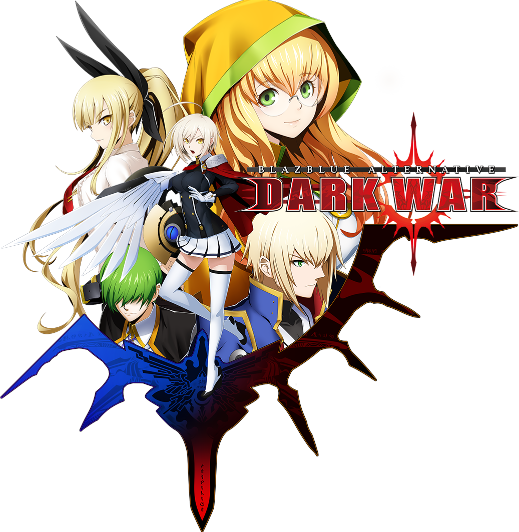 2boys 3girls ahoge arc_system_works armor blazblue blazblue:_bloodedge_experience blazblue_alternative:_dark_war blazblue_phase_0 blonde_hair bow breasts capelet ciel_sulfur collared_shirt full_body glasses gloves green_eyes hair_bow hair_over_eyes hair_ribbon hood kazuma_kuvaru key_visual kisaragi_jin logo long_hair looking_at_viewer medium_breasts military military_uniform mori_toshimichi multiple_boys multiple_girls official_art pauldrons ponytail promotional_art rachel_alucard raquel_alucard red_capelet red_neckwear ribbon round_eyewear shirt short_hair shoulder_armor skirt smile thighhighs third-party_source transparent_background trinity_glassfield vampire white_legwear wings yellow_eyes
