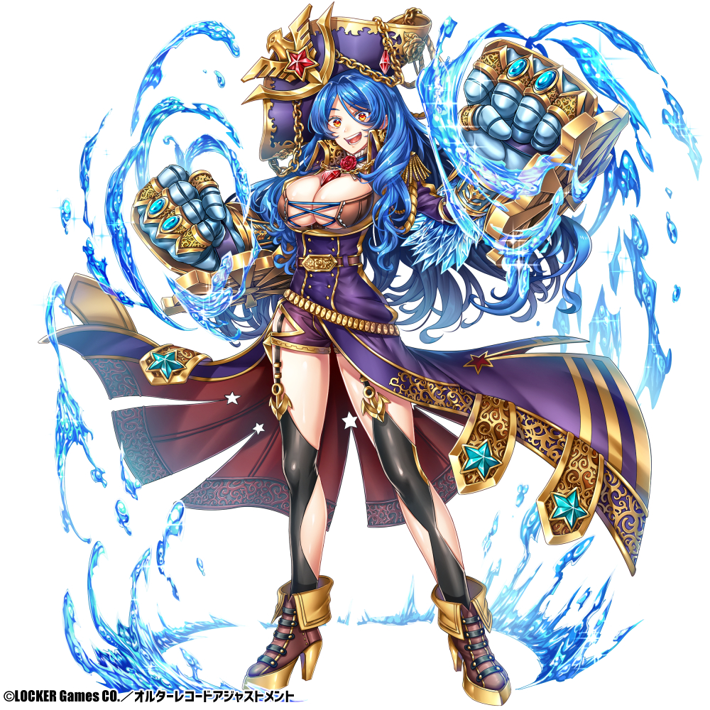 1girl :d alter_record_adjustment bad_id bad_pixiv_id black_legwear blue_hair boots breasts brown_boots brown_eyes cleavage clenched_hand epaulettes female_focus full_body garter_straps gauntlets hat high_heel_boots high_heels kamuinii large_breasts long_hair looking_at_viewer official_art open_mouth pirate_hat purple_hat simple_background smile solo standing very_long_hair water white_background