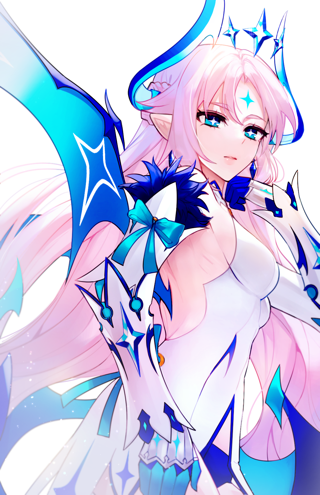 +_+ 1girl backless_dress backless_outfit blue_eyes blue_gloves blue_horns breasts detached_sleeves dress elsword facial_mark forehead_mark gloves highres horns ishtar_(elsword) long_hair luciela_r._sourcream mme12165 simple_background solo upper_body very_long_hair white_background white_dress white_hair white_sleeves