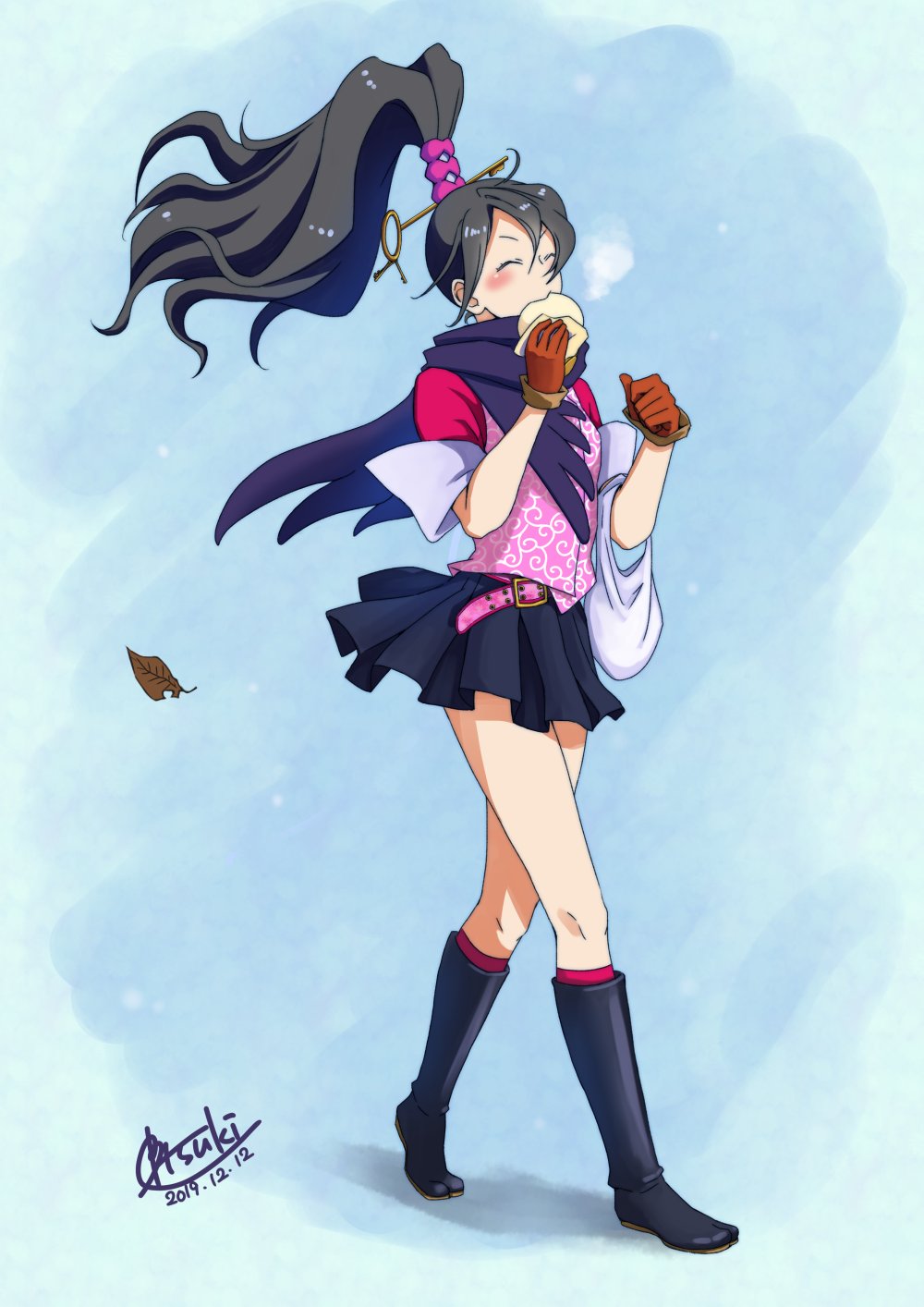 1girl ace_attorney ace_attorney_investigations bag belt black_hair boots brown_gloves closed_eyes commentary_request dated eating food full_body gloves hair_between_eyes high_ponytail highres holding holding_bag holding_food karakusa_(pattern) kay_faraday key_hair_ornament long_hair pink_belt ponytail scarf shirt short_sleeves signature skirt tsuki_(applebeniakari) white_bag
