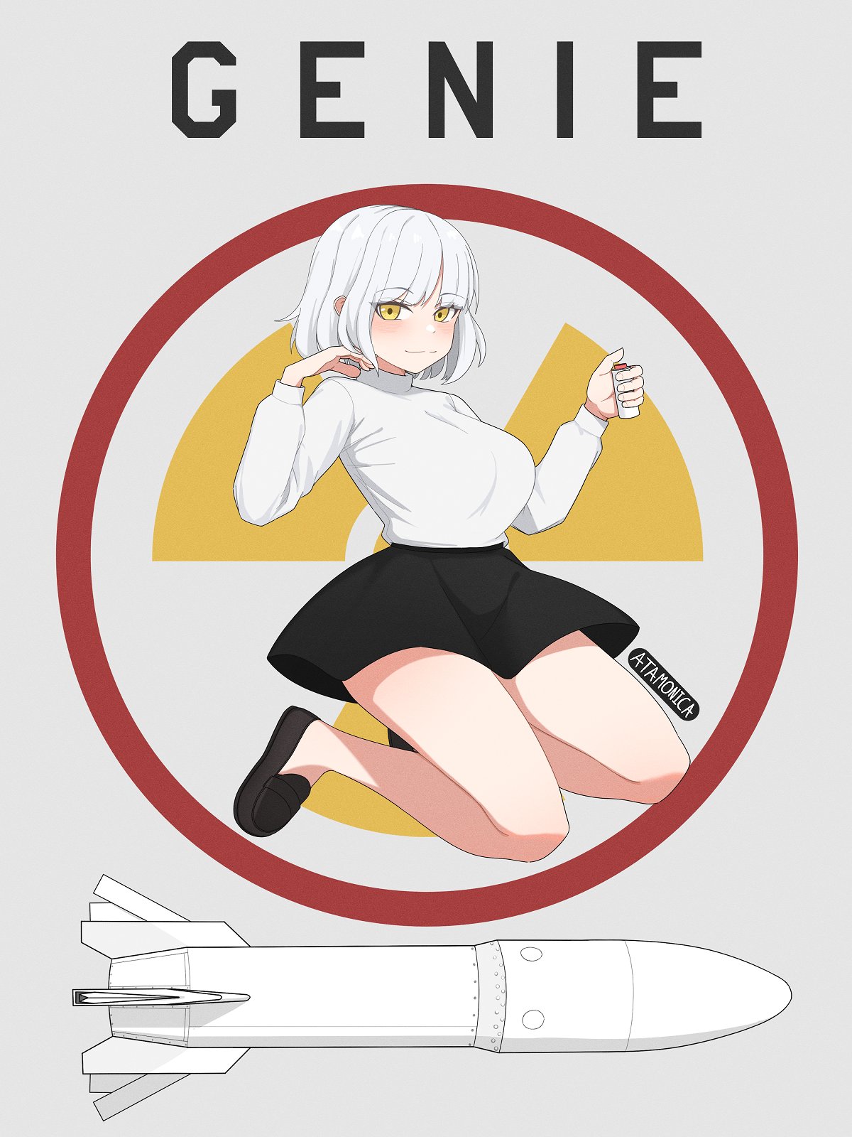 air-2_genie air-to-air_rocket artist_name atamonica black_footwear black_skirt blush breasts detonator grey_background hand_in_own_hair hands_up hazard_symbol highres holding large_breasts long_sleeves looking_at_viewer missile nuclear_weapon original personification radiation_symbol rocket_(projectile) seiza short_hair simple_background sitting skirt smile sweater thighs weapon_of_mass_destruction white_hair white_sweater yellow_eyes