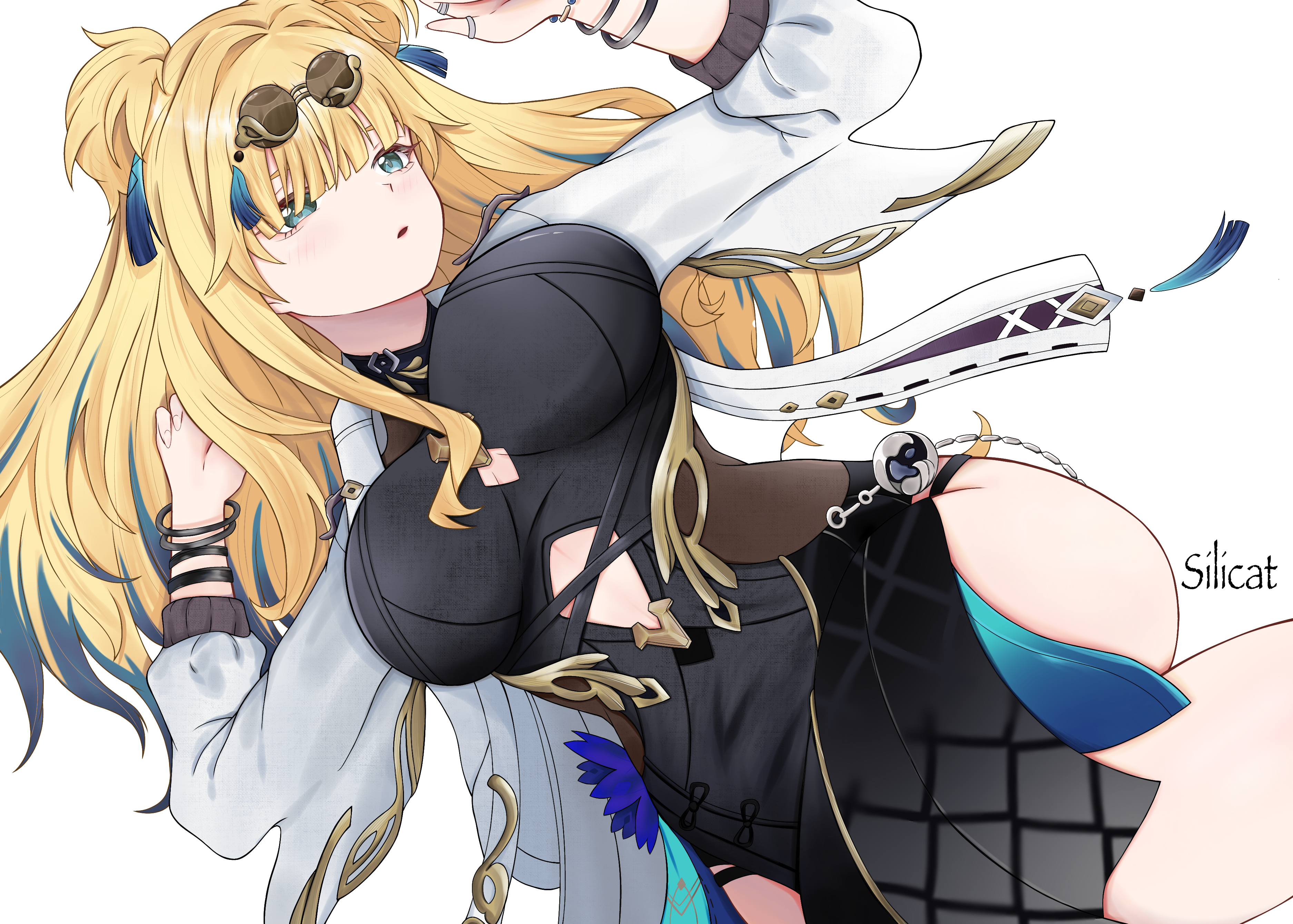 1girl absurdres blonde_hair breasts clothing_cutout eyewear_on_head green_eyes green_hair hair_ornament highres honkai_(series) honkai_impact_3rd large_breasts long_hair multicolored_hair silicat songque songque_(astralop) thigh_strap white_background