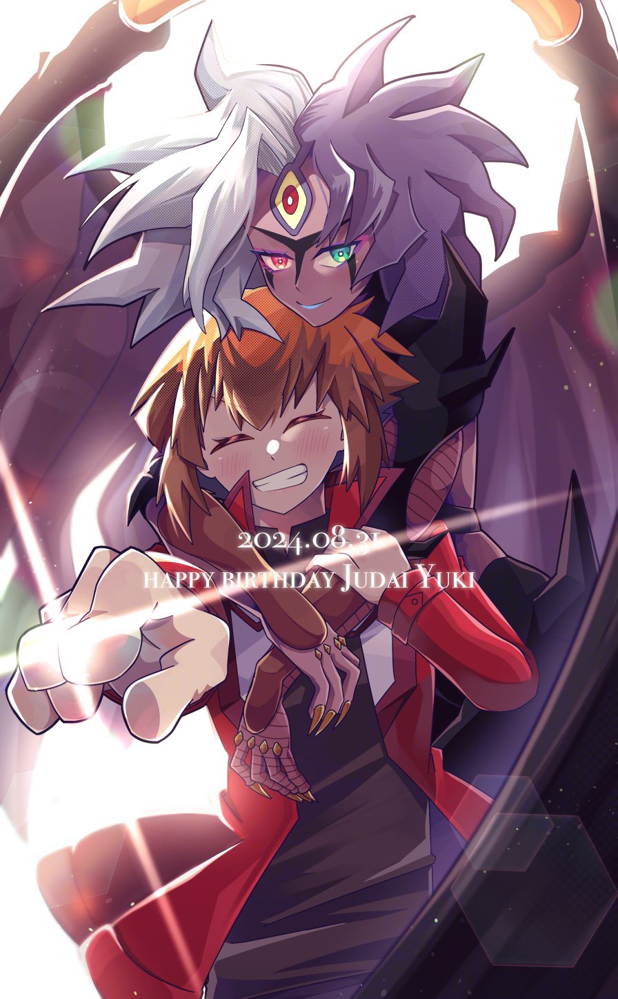 1boy 1girl black_shirt brown_hair character_name closed_eyes colored_sclera colored_skin cowboy_shot duel_academy_uniform_(yu-gi-oh!_gx) green_eyes grey_hair happy_birthday highres hug hug_from_behind jacket multicolored_hair open_clothes open_jacket orange_eyes otowaika pointing pointing_at_viewer purple_hair purple_skin red_eyes red_jacket shirt smile third_eye two-tone_hair wings yellow_sclera yu-gi-oh! yu-gi-oh!_gx yuki_judai