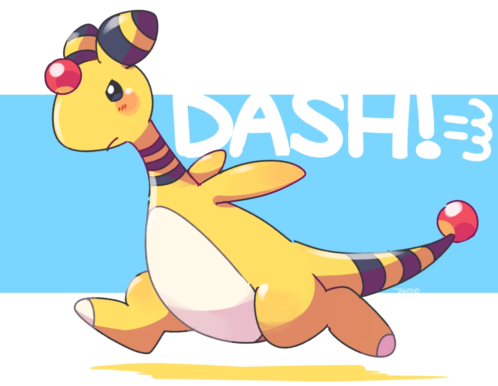 ampharos animal_focus black_eyes blue_background closed_mouth colored_skin english_text forehead_jewel gen_2_pokemon nintendo no_humans pokemon pokemon_(creature) running tail tansho two-tone_background v-shaped_eyebrows white_background yellow_skin