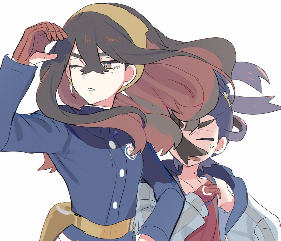 1boy 1girl blue_jacket brother_and_sister brown_eyes buttons carmine_(pokemon) collarbone commentary_request crossed_bangs fanny_pack floating_hair gloves hair_between_eyes hairband jacket kieran_(pokemon) long_hair long_sleeves mole mole_on_neck mole_under_eye multicolored_hair mxkjxm_(nhss2337) nintendo partially_fingerless_gloves pokemon pokemon_sv purple_hair red_gloves red_hair red_shirt shirt siblings sleeveless sleeveless_shirt teeth two-tone_hair white_background white_jacket yellow_bag yellow_hairband