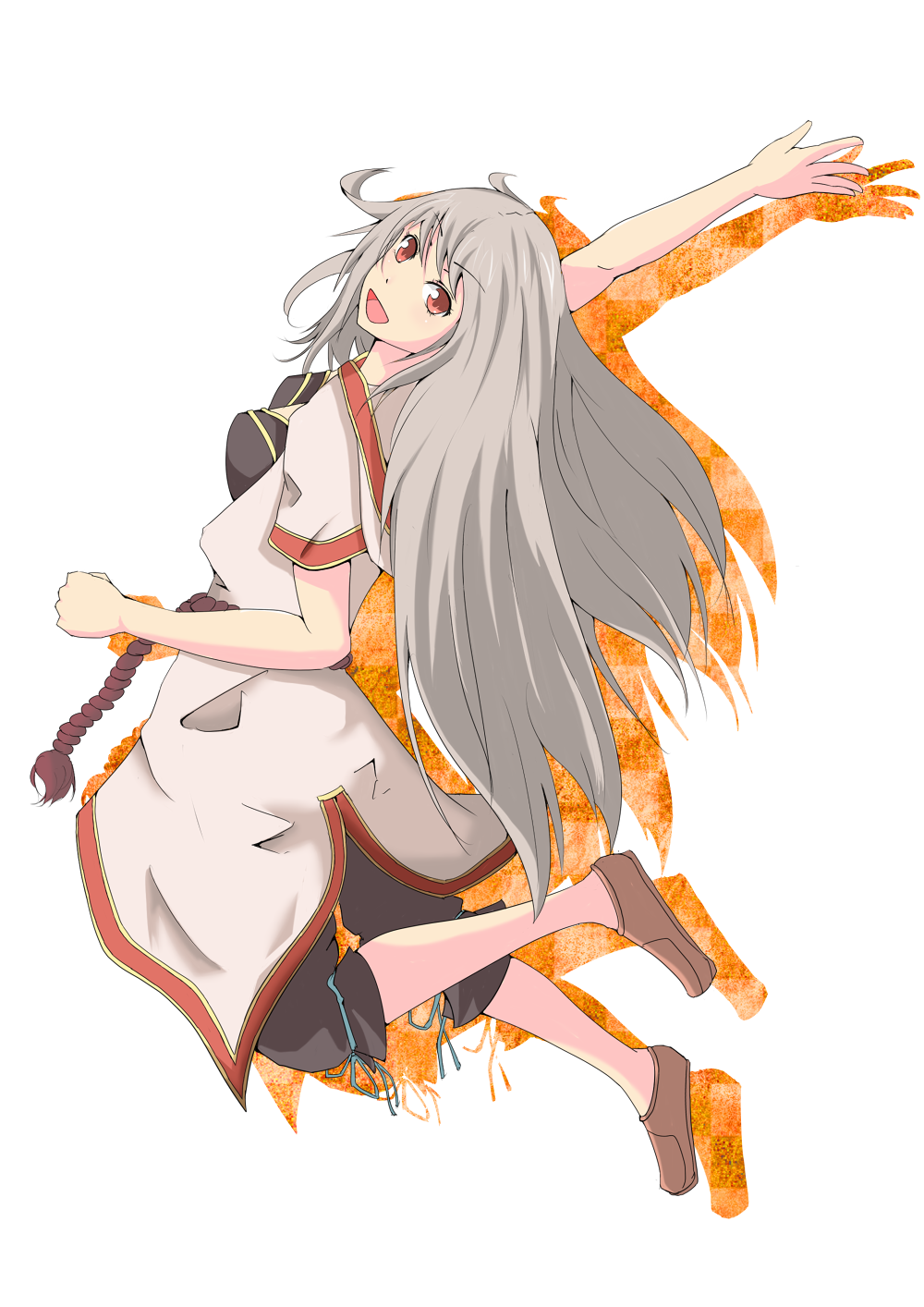 1girl arm_up black_shirt black_shorts brown_shoes coat colored_shadow commentary_request full_body grey_hair highres jumping kurohachiboku long_hair looking_at_viewer looking_to_the_side monk_(ragnarok_online) open_mouth orange_eyes ragnarok_online shadow shirt shoes short_sleeves shorts simple_background smile solo very_long_hair white_background white_coat