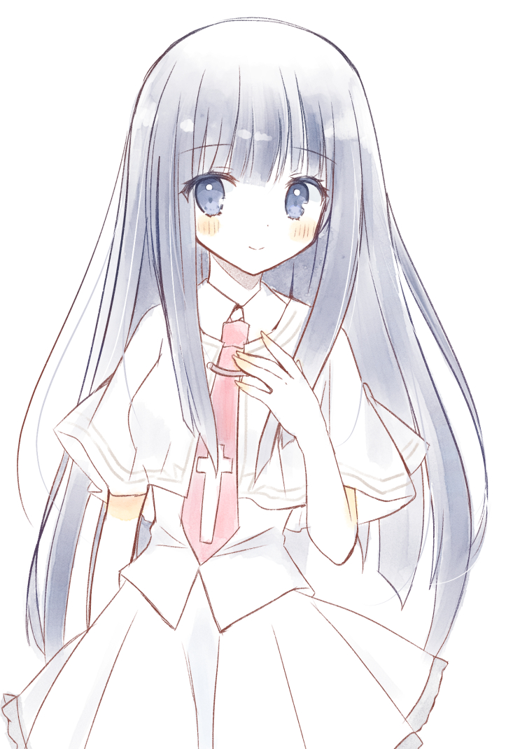 1girl aiyan arm_at_side black_hair blue_eyes blunt_bangs capelet closed_mouth collared_shirt cross cross_print hand_on_own_chest long_hair looking_at_viewer necktie print_necktie red_necktie school_uniform shirt short_sleeves simple_background skirt smile solo straight_hair subarashiki_hibi takashima_zakuro upper_body white_background white_capelet white_shirt white_skirt