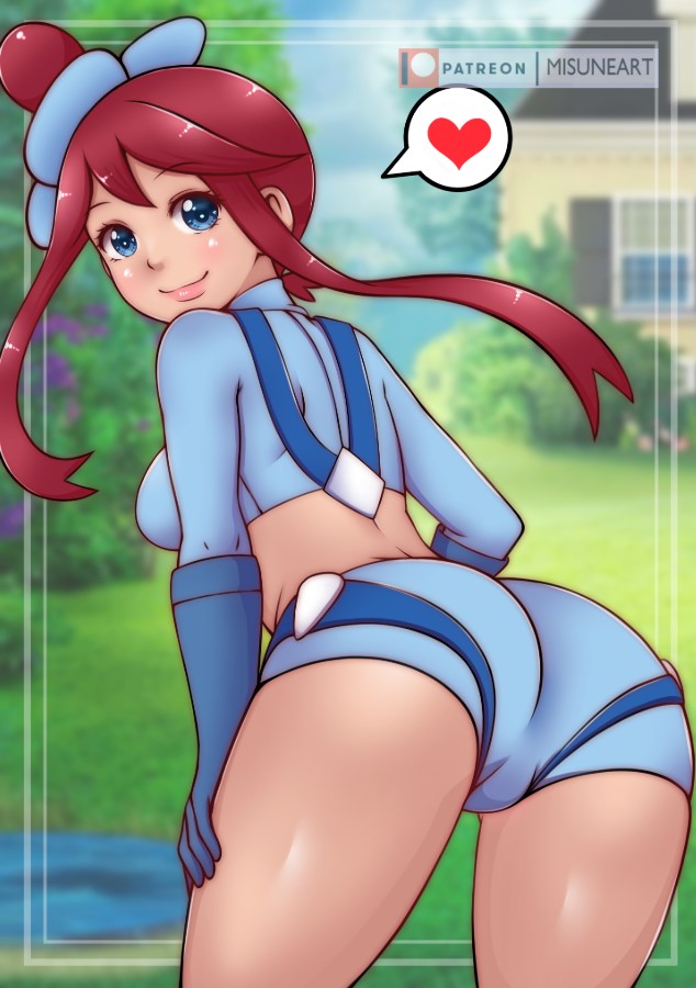 1girl ass blue_eyes blue_gloves blue_jacket blue_shorts blush breasts bush cloud from_behind game_freak gloves grass hair_bun hand_on_own_thigh heart house jacket large_breasts leaning_forward looking_at_viewer looking_back midriff misune_art nintendo pokemon pokemon_bw red_hair shorts side_bun sidelocks sky skyla_(pokemon) smile speech_bubble spoken_heart standing
