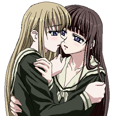00s 2girls blonde_hair blunt_bangs blush brown_hair couple hand_on_another&#039;s_arm holding imminent_kiss kubo_shiori long_hair lowres maria-sama_ga_miteru multiple_girls oekaki profile sanshita satou_sei school_uniform serafuku upper_body white_background yuri