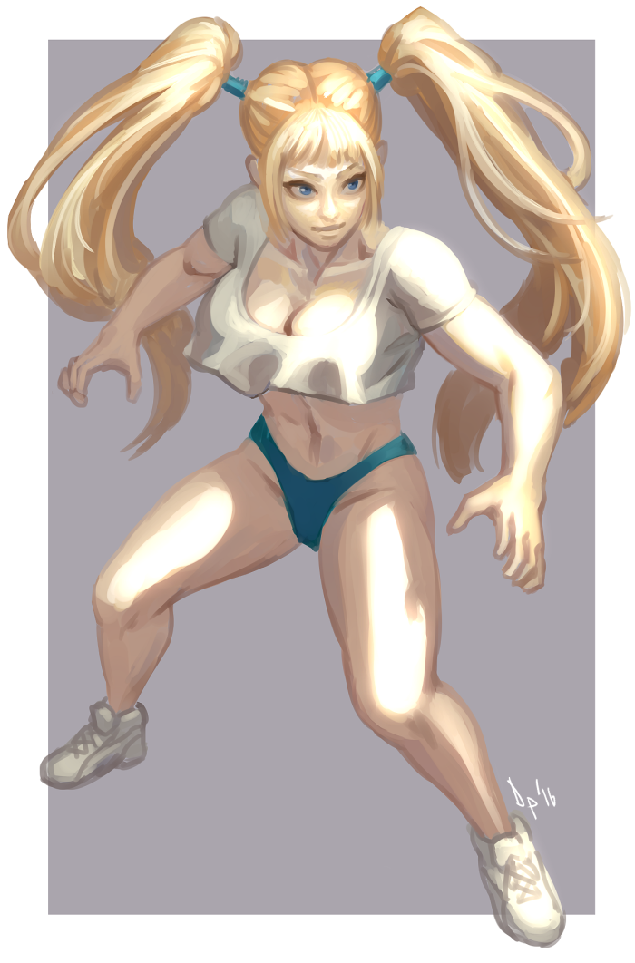 1girl blonde_hair blue_panties breasts casual cleavage crop_top crop_top_overhang diepod female_focus fighting_stance full_body large_breasts long_hair midriff no_mask no_pants panties rainbow_mika shoes sketch sneakers solo street_fighter street_fighter_v twintails underwear very_long_hair