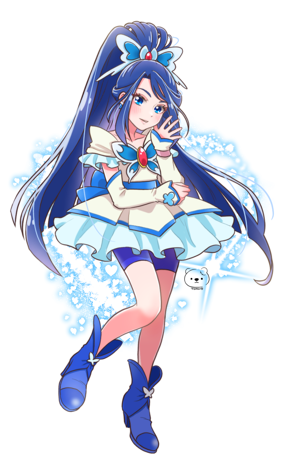 1girl arm_warmers artist_logo artist_name bike_shorts blue_eyes blue_footwear blue_hair blue_shorts blush butterfly_brooch butterfly_earrings butterfly_hair_ornament cure_aqua dress earrings hair_ornament high_heels highres jewelry logo long_hair magical_girl minazuki_karen moro_precure open_mouth ponytail precure short_sleeves shorts solo white_background yellow_dress yes!_precure_5