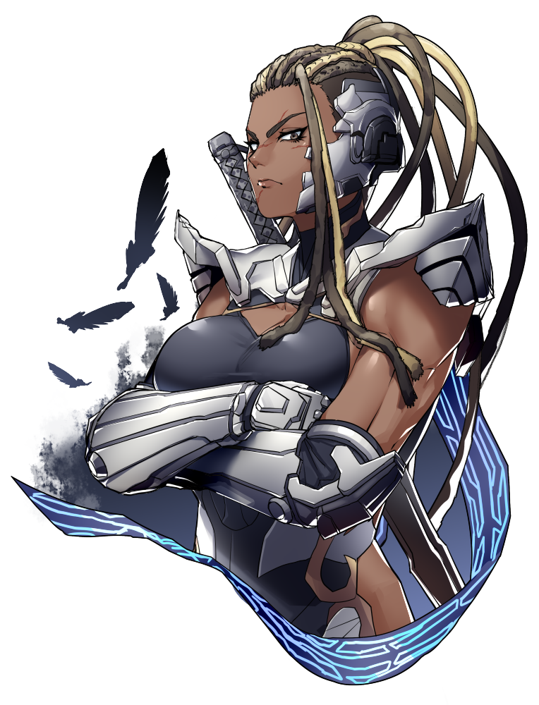 1girl arm_guards armor black_leotard breasts brown_eyes cleavage closed_mouth commission crossed_arms dark-skinned_female dark_skin dreadlocks facial_mark falling_feathers feathers high_ponytail houjoh_(7th-heaven) large_breasts leotard long_hair looking_to_the_side master_raven muscular muscular_female namco ninja ponytail scar shoulder_armor single_sidelock tekken tekken_7 upper_body white_background