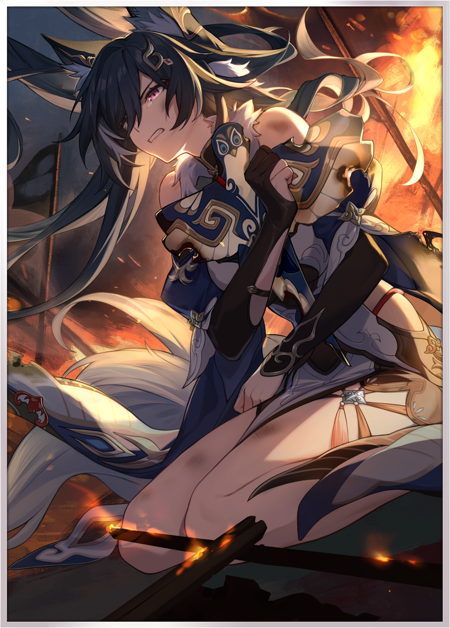 1girl animal_ear_fluff animal_ears asymmetrical_gloves battlefield black_gloves blue_hair border bruise_on_arm bruise_on_leg burning burnt clenched_teeth elbow_gloves explosion feet_out_of_frame fire flag floating_hair fox_ears fox_girl fox_tail from_side gloves hair_ornament highres holding_kite honkai:_star_rail honkai_(series) kite long_hair looking_ahead official_art outdoors red_eyes seiza sitting slit_pupils solo tail tassel tearing_up teeth third-party_source uneven_gloves white_border yukong_(honkai:_star_rail)
