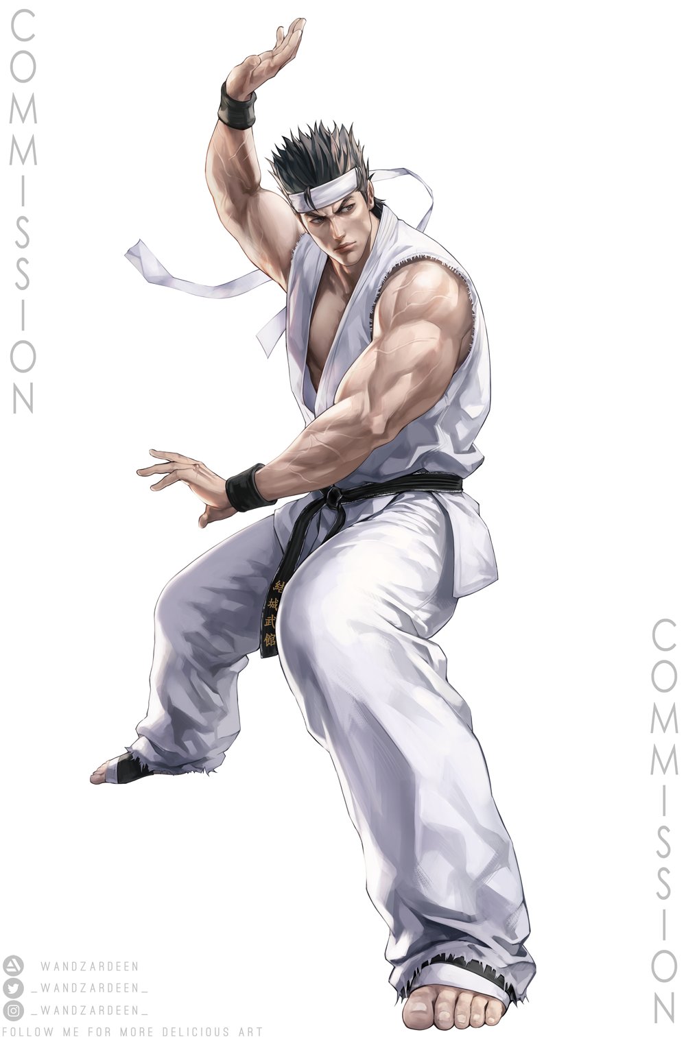 1boy bajiquan_(martial_arts) belt black_belt black_hair black_legwear commentary commission dougi english_commentary fighting_stance fingernails full_body highres male_focus martial_arts_belt muscular muscular_male sega short_hair sleeveless solo spiked_hair tetsuzankou toeless_legwear toenails toes veins veiny_arms virtua_fighter wandzardeen white_background wristband yuki_akira
