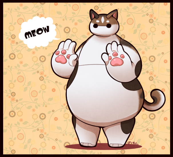animal_ears animal_hands baymax big_hero_6 cat_ears cat_paws cat_tail disney flower full_body no_humans solid_circle_eyes solo speech_bubble tail technoga text_focus