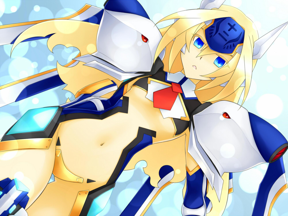1girl arc_system_works blazblue blonde_hair blue_eyes female_focus flat_chest long_hair mayo-black mayo_bk mecha_musume midriff mu-12 shoulder_pads solo thighhighs tiara