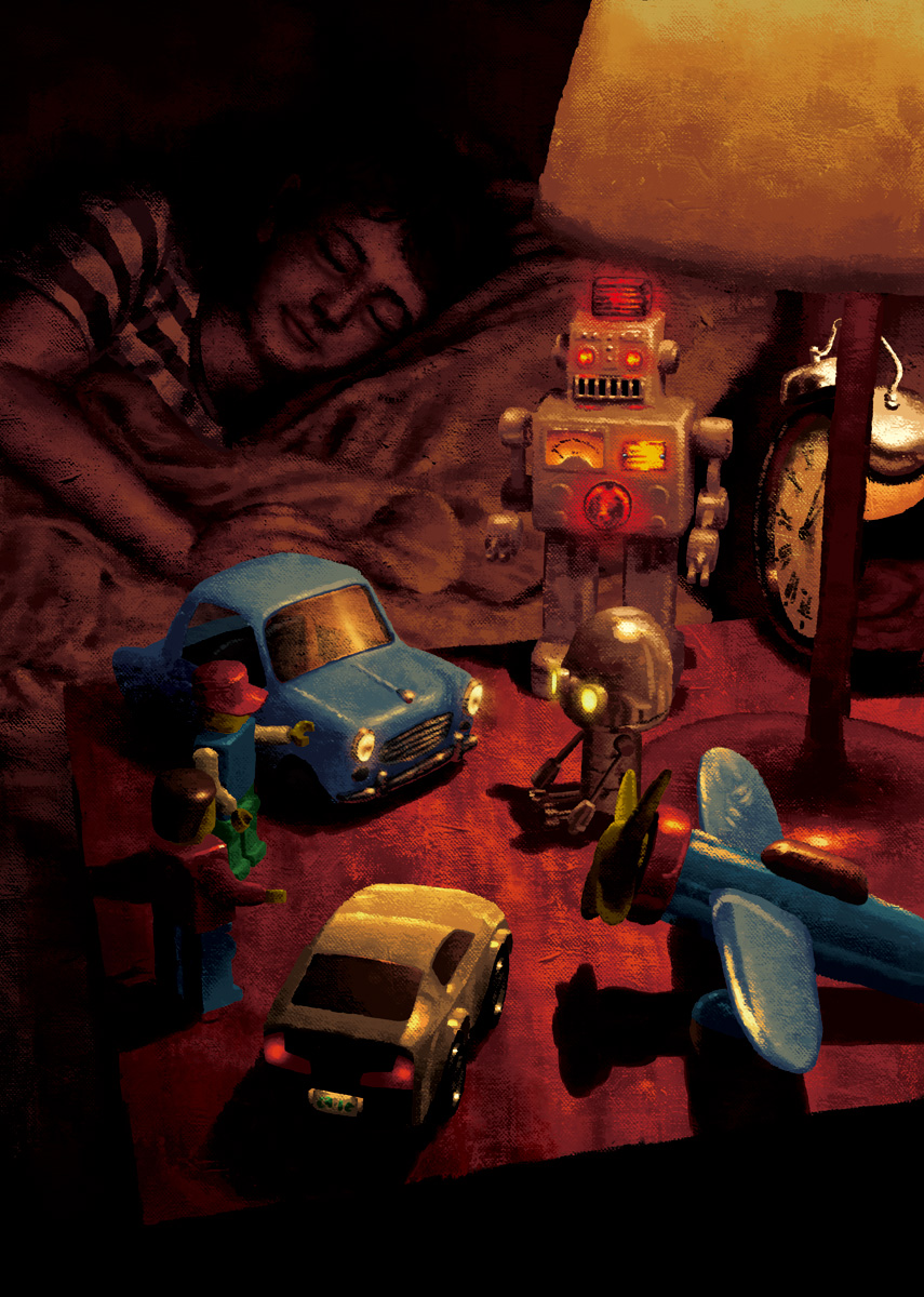 1boy alarm_clock car child clock commentary_request glowing highres lamp lego machinarium male_focus motor_vehicle night original pillow realistic sadajiro sleeping solo table toy toy_airplane toy_robot