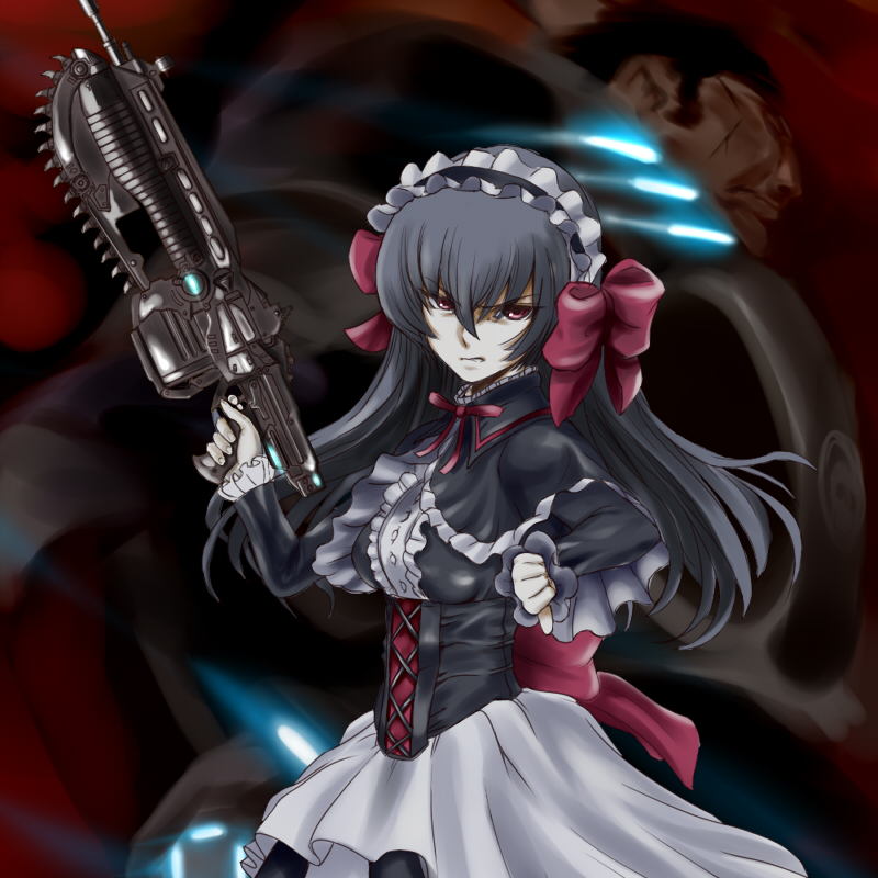 00s 1boy 1girl april_(coyote_ragtime_show) black_hair bow coyote_ragtime_show crossover gears_of_war goth_fashion gun hair_ribbon lancer_(gears_of_war) long_hair marcus_fenix puspus red_eyes ribbon thumbs_down weapon