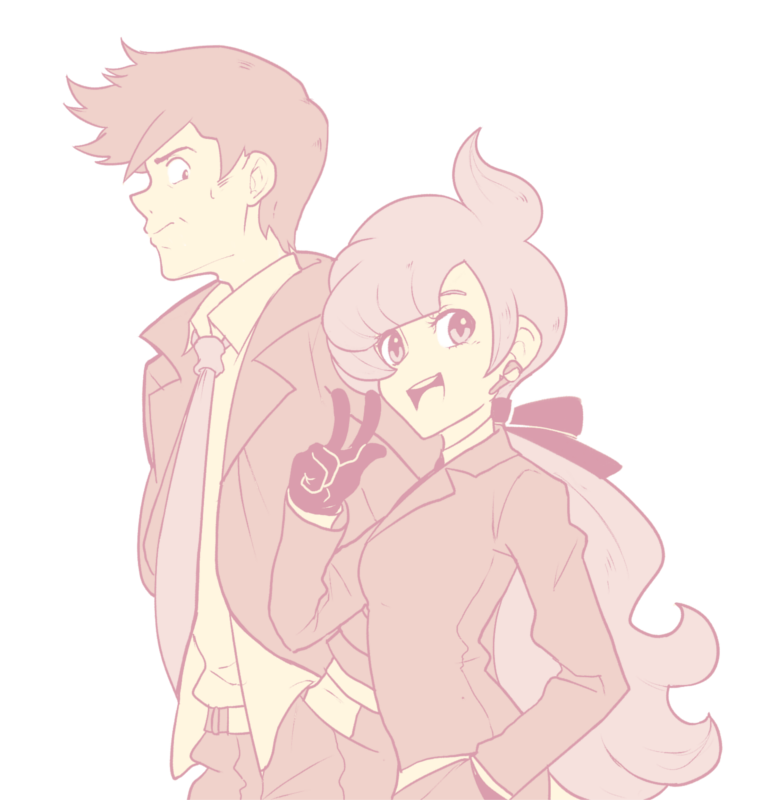 1girl anabel_(pokemon) coat collared_shirt commission earpiece hand_in_pocket looker_(pokemon) looking_at_another looking_at_viewer necktie nintendo open_mouth pokemon pokemon_sm ponytail sally_(luna-arts) second-party_source sepia shirt smile trench_coat v