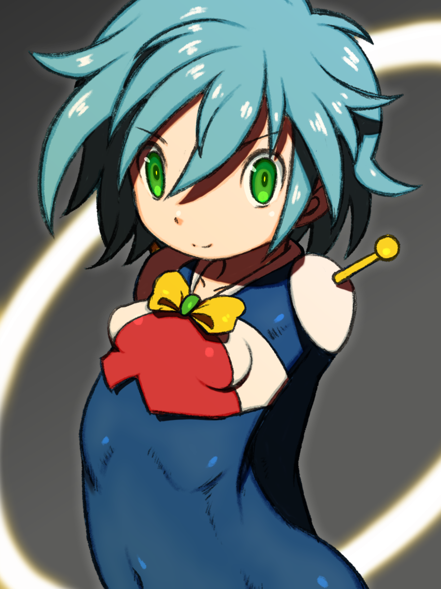 1girl allenby_beardsley beeru_(veil8801) blue_bodysuit blue_hair bodysuit bow bowtie closed_mouth collarbone commentary covered_navel g_gundam green_eyes gundam hair_between_eyes highres mecha_pilot_suit mobile_trace_suit short_hair smile solo split_mouth yellow_bow yellow_bowtie
