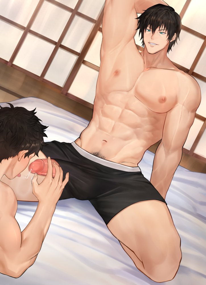 2boys abs bed black_hair cum fellatio green_eyes implied_fellatio male_focus multiple_boys muscular muscular_male navel nipples oral original penis pubic_hair short_hair stomach tongue tongue_out yaoi zhineart