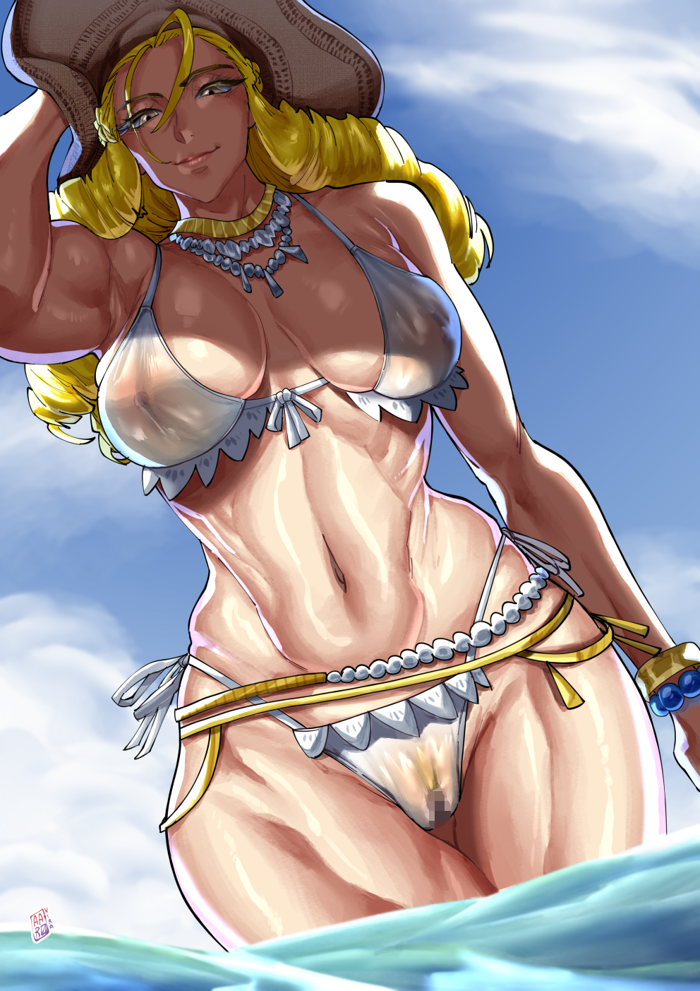 1girl aarokira alternate_costume beach biceps bikini blonde_hair breasts curvy day drill_hair fingernails hat highleg highleg_bikini highres jewelry kanzuki_karin long_hair looking_at_viewer medium_breasts necklace official_alternate_costume open_mouth partially_visible_vulva see-through_clothes shiny_skin side-tie_bikini_bottom smile solo street_fighter street_fighter_v string_bikini sun_hat swimsuit thighs thong thong_bikini wet wet_clothes wet_swimsuit white_bikini yellow_eyes
