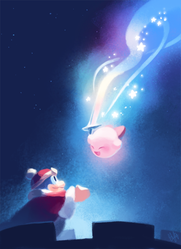 :d castle coat falling gigi_d.g. king_dedede kirby kirby&#039;s_dream_land_2 kirby_(series) looking_at_another nintendo open_mouth outstretched_arms rainbow_sword red_coat red_headwear sky smile star_(sky) star_(symbol) starry_sky