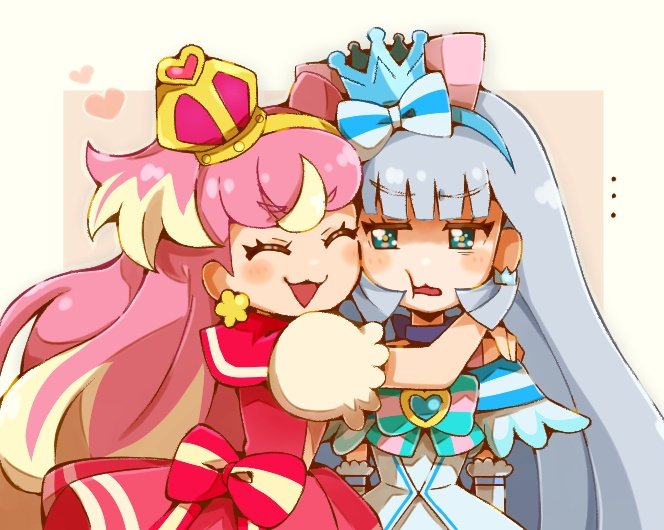 2girls ^_^ annoyed arm_warmers blonde_hair blunt_bangs bow brooch cheek-to-cheek choker closed_eyes crown crown_earrings cure_nyammy cure_wonderful dress earrings flower_earrings hair_behind_ear hair_bow hairband heads_together heart heart_brooch hug inukai_komugi jewelry long_hair looking_at_another magical_girl multiple_girls nekoyashiki_yuki off-shoulder_dress off_shoulder pink_hair precure puffy_short_sleeves puffy_sleeves red_dress red_sailor_collar sailor_collar shaded_face short_sleeves straight_hair striped_bow two_side_up upper_body v-shaped_eyebrows white_dress white_hair wonderful_precure! yuu13