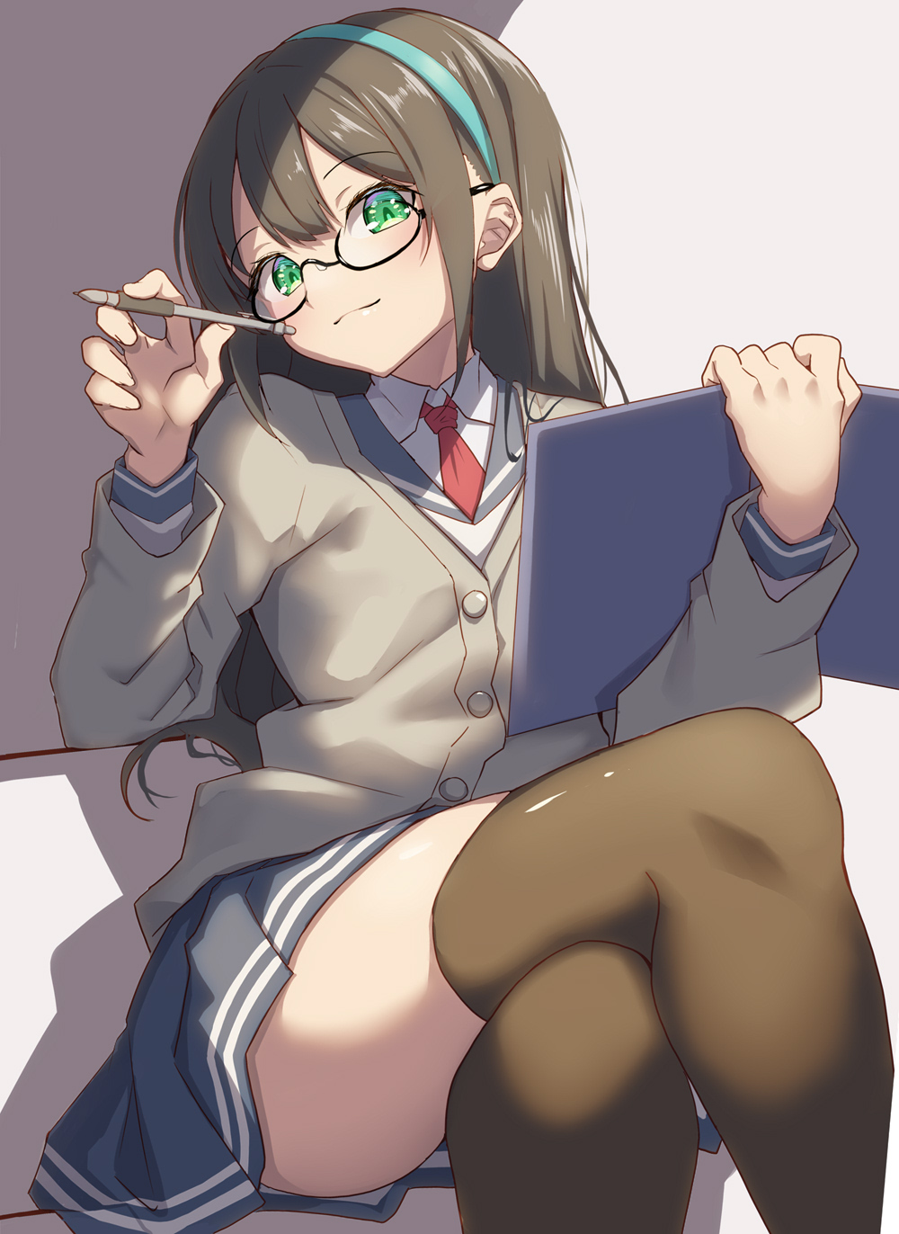 1girl adapted_costume black_hair black_thighhighs blue_sailor_collar blue_shirt cardigan clipboard creek_(moon-sky) crossed_legs feet_out_of_frame glasses green_eyes green_hairband grey_cardigan hairband highres kantai_collection long_hair looking_at_viewer necktie ooyodo_(kancolle) pen red_necktie sailor_collar sailor_shirt shirt smile solo thighhighs
