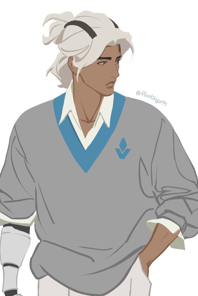 1boy alternate_hairstyle asymmetrical_sleeves brown_eyes collared_shirt commentary_request cowboy_shot dark-skinned_male dark_skin floatinge99 grey_sweater hand_in_pocket korean_commentary lifeweaver_(overwatch) looking_to_the_side male_focus overwatch overwatch_2 pants parted_lips prosthesis prosthetic_arm shirt simple_background sleeves_rolled_up solo sweater twitter_username uneven_sleeves white_background white_hair white_pants white_shirt wing_collar