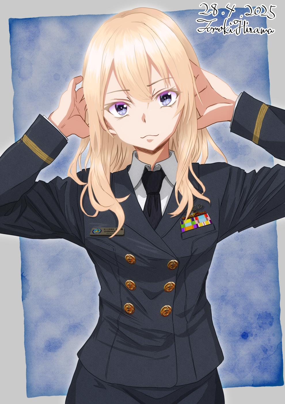 1girl alternate_costume arms_behind_head artist_name black_necktie blonde_hair blue_background blue_eyes border buttons colorful_background dated double-breasted hair_between_eyes highres hisamatomoki japan_maritime_self-defense_force japan_self-defense_force kantai_collection light_smile looking_at_viewer military military_dress_uniform military_rank_insignia military_uniform naval_dress_uniform naval_uniform necktie one-hour_drawing_challenge ribbon_bar shimakaze_(kancolle) solo white_border