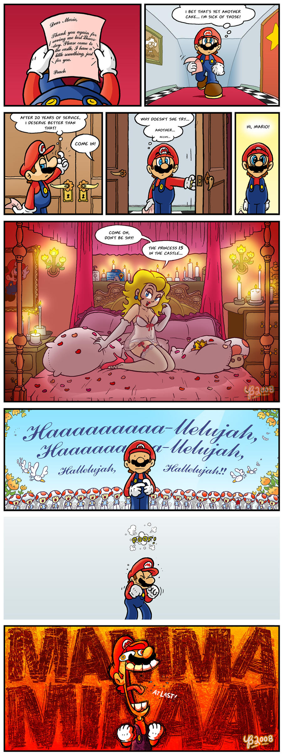 1boy 1girl absurdres bed bed_sheet blonde_hair blue_eyes breasts brown_hair candle cleavage comic crazy_eyes crazy_smile crown door earrings facial_hair gloves hat highres indoors jewelry lingerie mario mario_(series) music mustache nintendo note open_mouth painting_(object) pillow princess_peach raccoon_mario singing smile speech_bubble super_mario_bros._1 thebourgyman toad_(mario) underwear