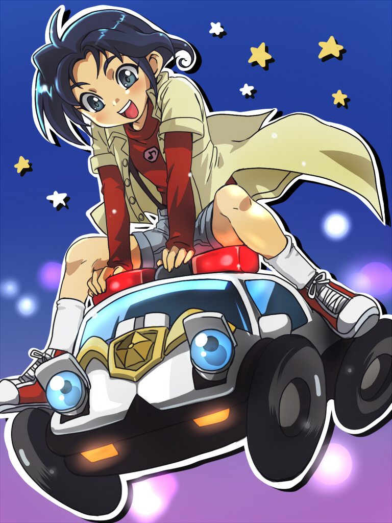 1990s_(style) 1boy alternate_form blue_eyes blue_hair car chibi coat deckerd happy imosaku male_focus motor_vehicle on_car on_vehicle open_mouth police_car retro_artstyle riding shoes shorts sneakers socks star_(symbol) suspenders tomonaga_yuuta yuusha_keisatsu_j-decker yuusha_series